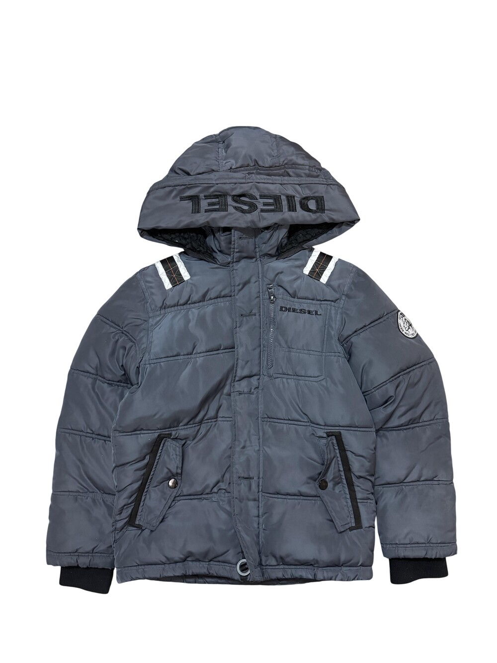 Diesel Puffer Jacket Kids 10-12 Gray Hooded Quilted Insulated Winter Zip Pockets